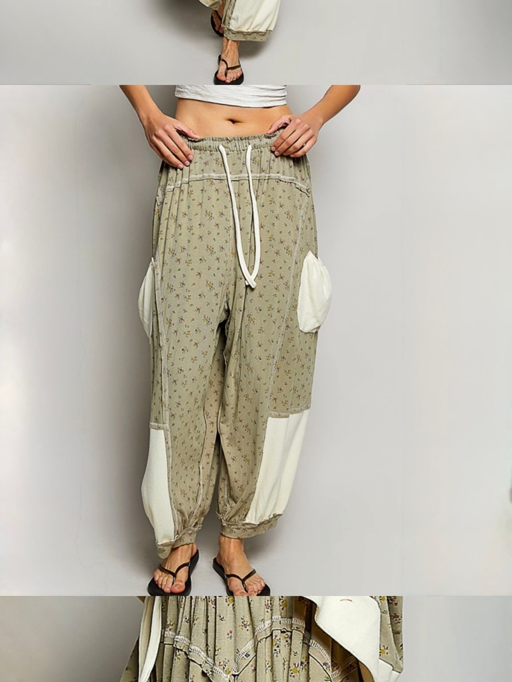 Women’s Olive Floral Drawstring Harem Pants with Cream Pockets Matching Set.